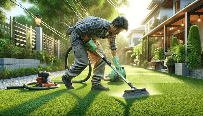 In Ventura County, a man is diligently mowing his lawn with a lawnmower to ensure proper turf cleaning.