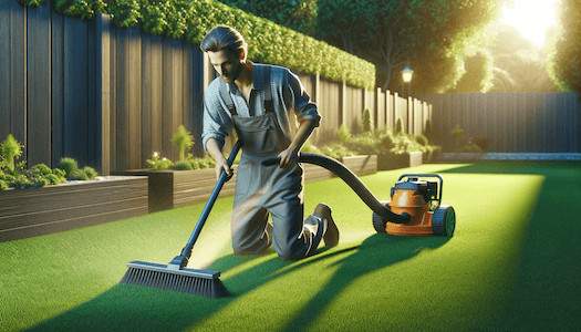 A man in Ventura County cleaning fake grass/turf with a vacuum.