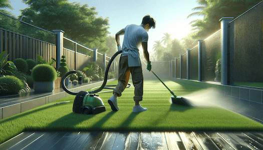 A man cleaning Ventura County lawn with a vacuum.